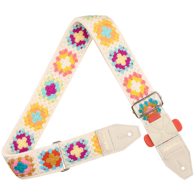AMUMU Crochet Floral Cotton Guitar Strap β 2" Handmade Look | Top-Grain Leather Ends & Pick Holder | Adjustable 36"β59" CO44C-CW-R
